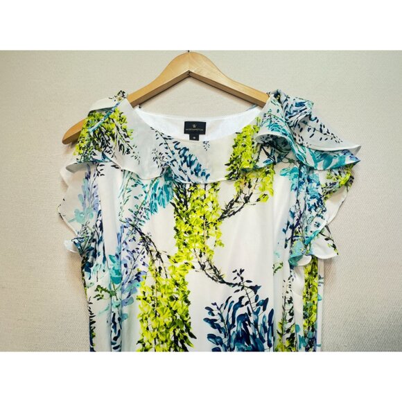 Worthington Womens Floral Mini A-Line Dress Size 16 White Ruffle Sleeves Pocket - Picture 4 of 14